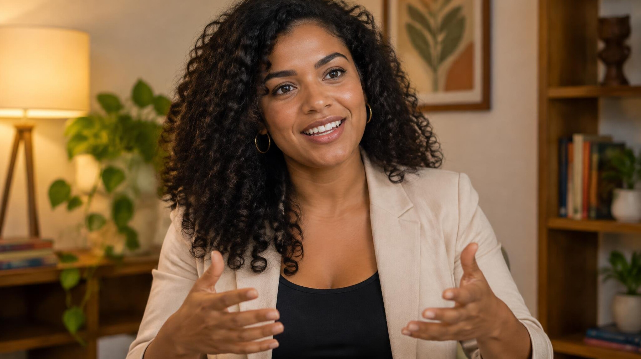 Confident Brazilian woman smiling and gesturing while speaking