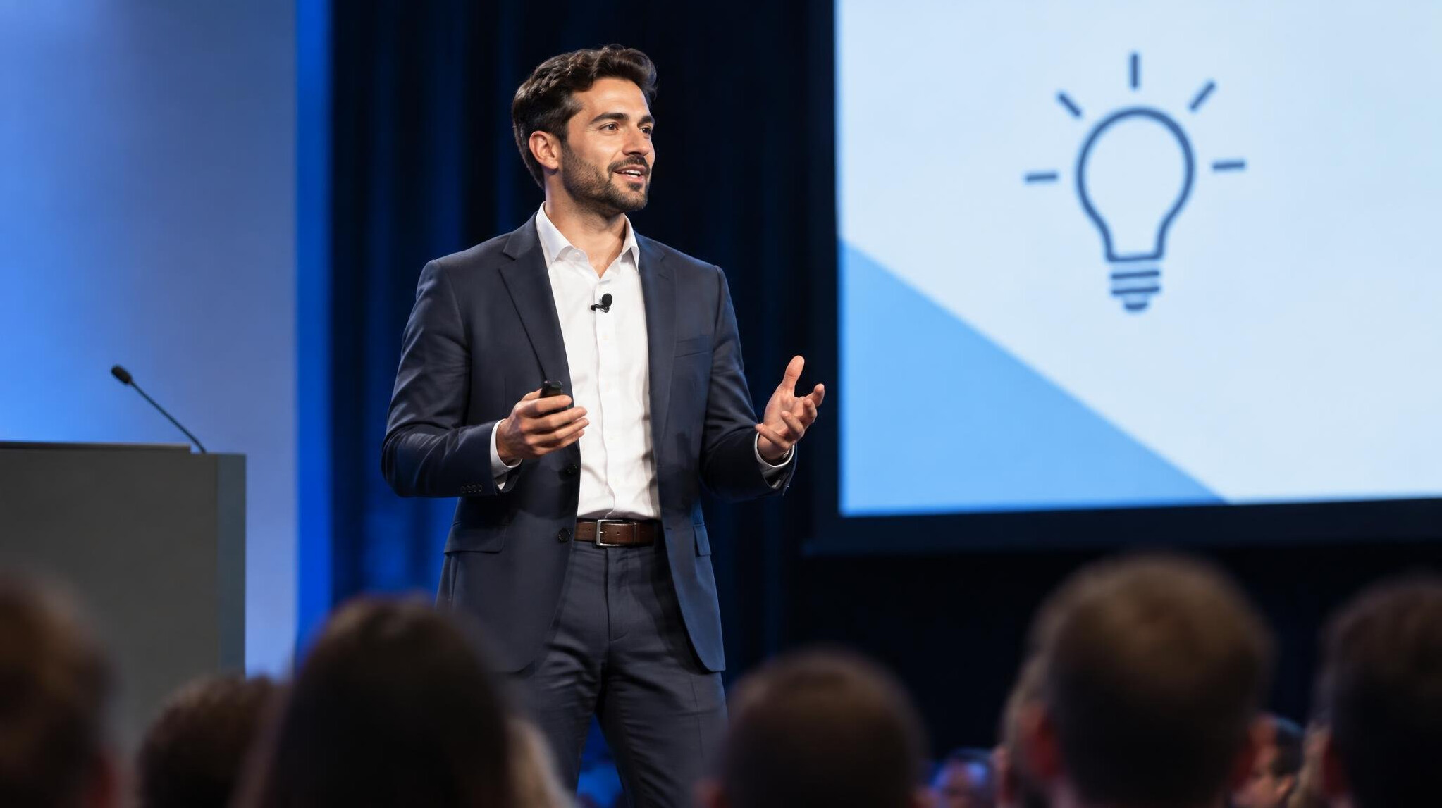 confident speaker on stage