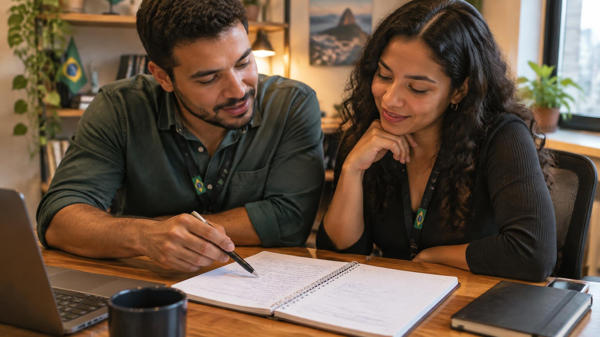 Two colleagues reviewing notes together at a desk