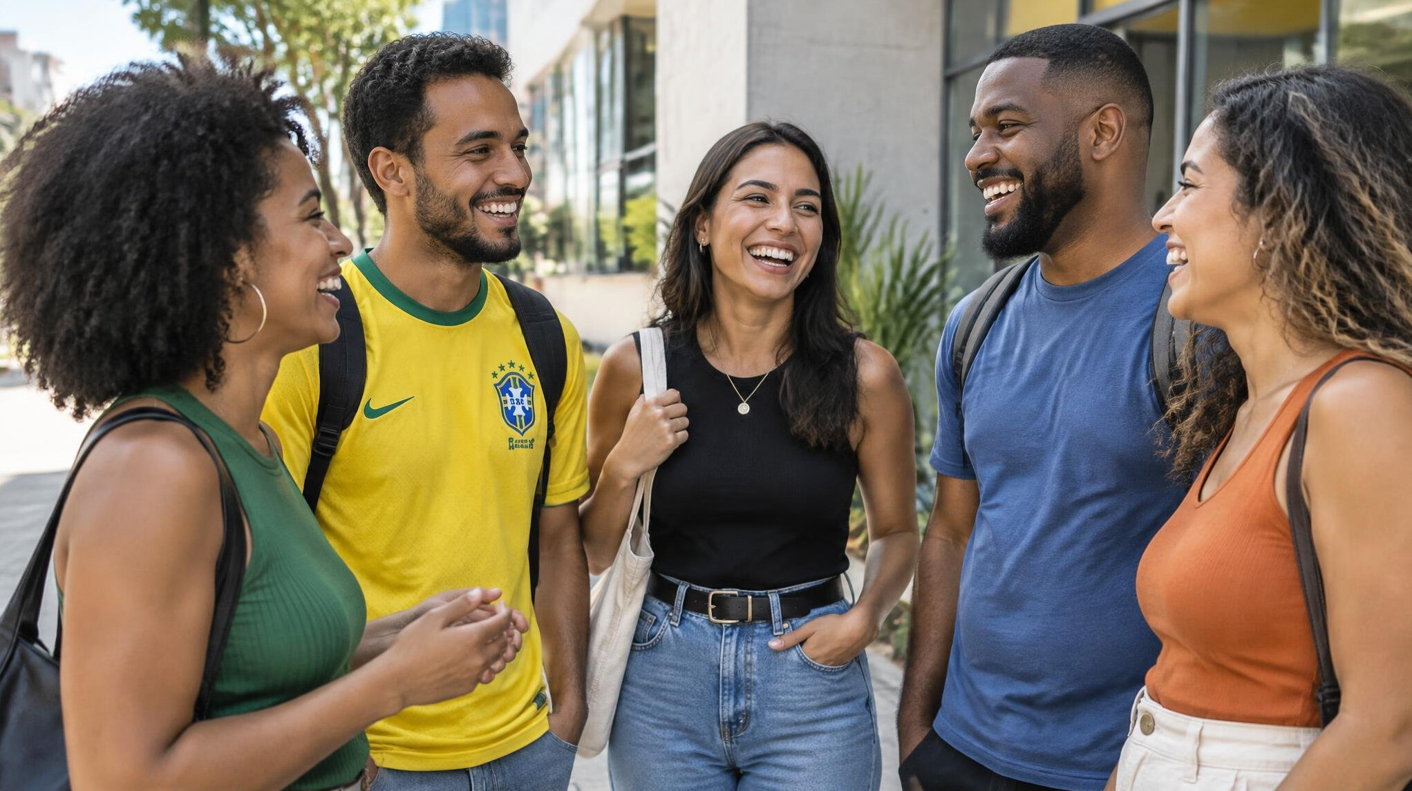 Diverse group of people talking and laughing outdoors