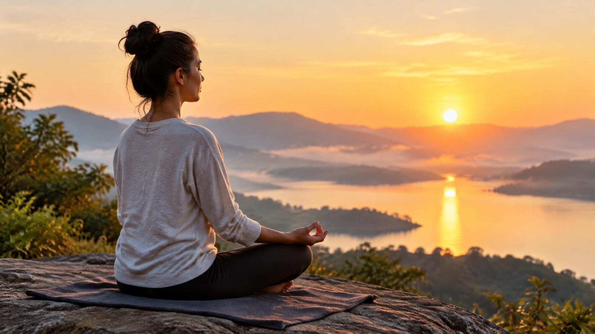 woman meditating at sunrise