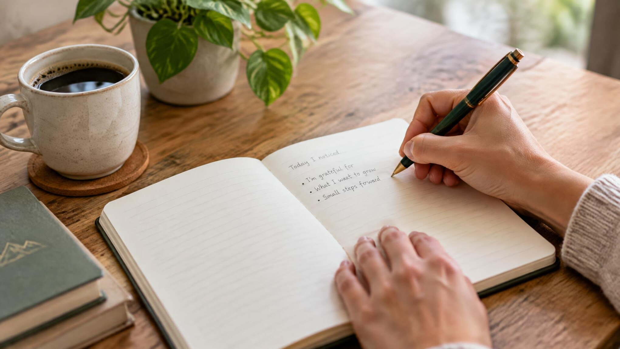 Person journaling and reflecting at a wooden desk